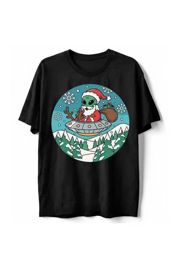 Cute Alien Old Man Funny UFO Christmas Sci-Fi Holiday Xmas Gift Graphic Unisex T-Shirt, up to Size 5XL