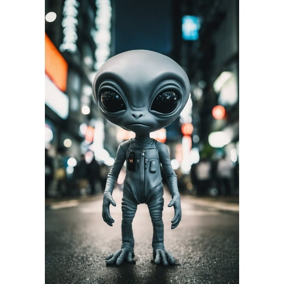 Cute Alien Standing in The Street at Night Digital Painting - 12" x 18" Art Print Wall Decor