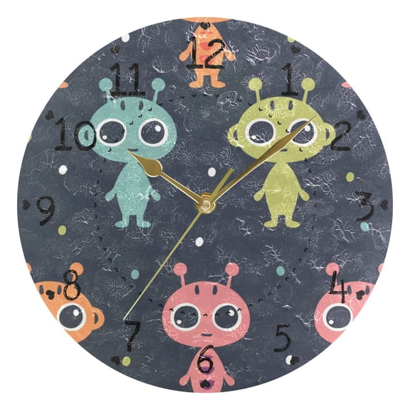 Cute Aliens Cartoon Round Wall Clock Silent Analog Battery Operated Gold Pointer Home Decor 9.84" Diameter