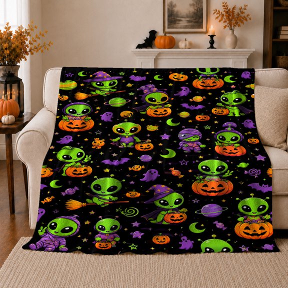 Cute Aliens Pumpkins autumn celebration Scene, Festive autumn celebration Scene, Warm Flannel Blanket for Living Room and Family Room, Art Lovers autumn celebration Gift, Festive Home Decor