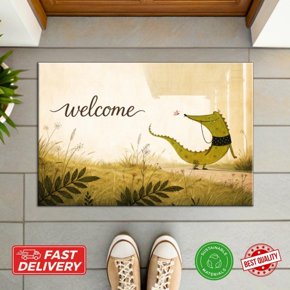 Cute Alligator Welcome Doormat Whimsical Animal Playful Garden Entry Rug Size 30x18in