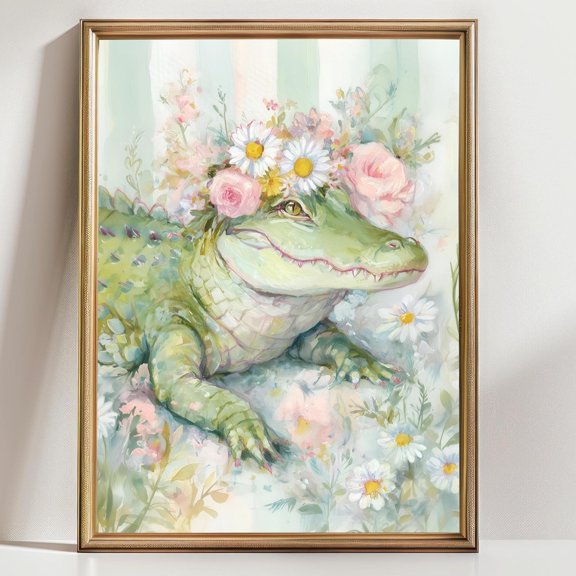 Cute Alligator With Floral Bow Wall Art Print, Coquette Botanical Animal Nursery Decor