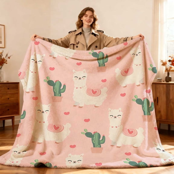 Cute Alpaca & Cactus Flannel Throw Blanket | Cozy Pink Digital Print for Sofa, Bed, Office Nap, Travel & Home Decor | Soft Polyester, Lightweight & Stylish for All Seasons, Office Nap Throw