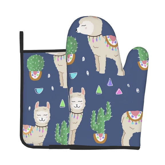 Cute Alpaca Cactus Peru Llama 2Pcs Oven Mitts and Pot Holders Set Kitchen Glove & Trivet Hot Pads for Cooking Baking BBQ Grilling