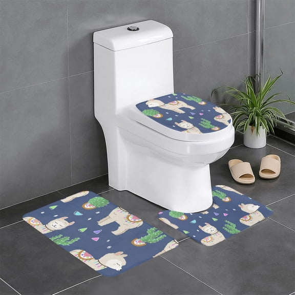 Cute Alpaca Cactus Peru Llama 3-Piece Bathroom Rug Set Non-Slip Flannel Bath Mat 24"x16" U-Shaped Contour Mat Toilet Lid Cover