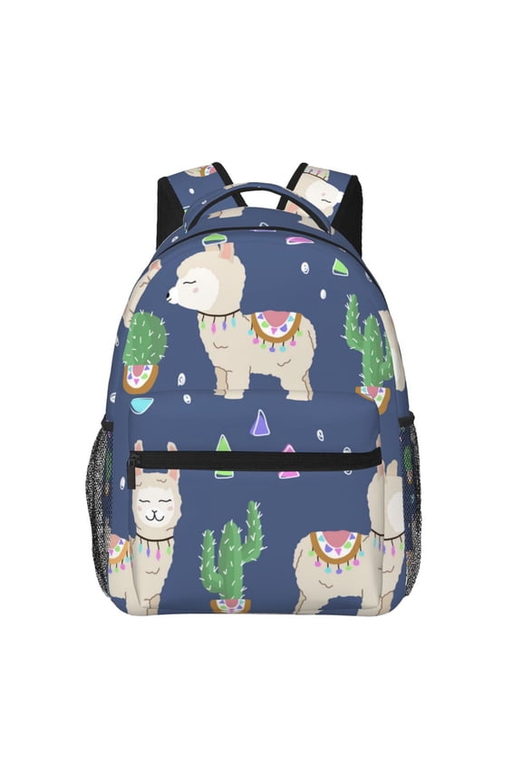 Cute Alpaca Cactus Peru Llama Backpack Casual College Bag Zipper Laptop Daypack Hiking Rucksack Travel