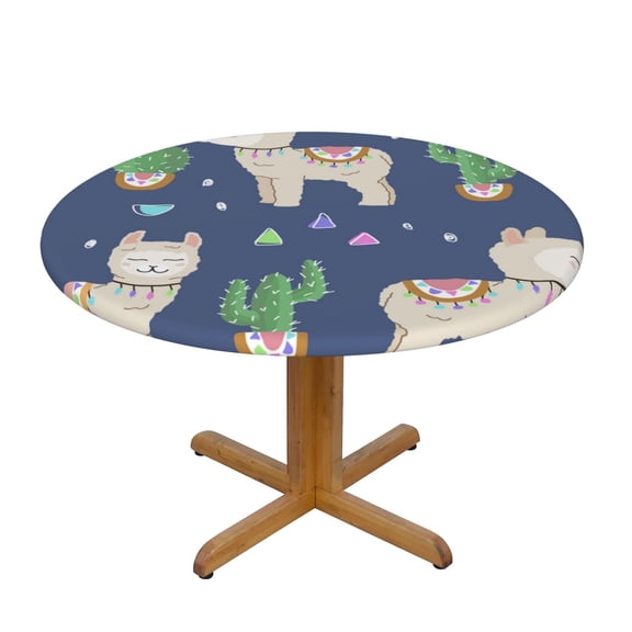 Cute Alpaca Cactus Peru Llama Fitted Round Tablecloth 100cm with Elastic Edge, Waterproof Table Cover Furniture Protector for Patio, Dining Room Restaurant