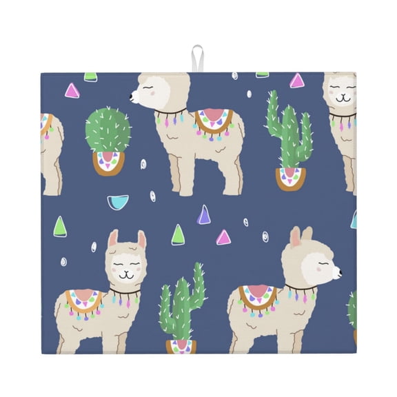 Cute Alpaca Cactus Peru Llama Kitchen Drying Mat 18x16 Inch Ultra Absorbent Countertop Mat Foldable with Hanging Loop
