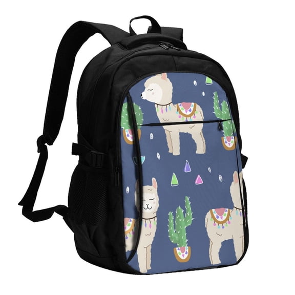 Cute Alpaca Cactus Peru Llama Laptop Backpack with USB Charging Headphone Port Casual Daypack Bag College Business Travel