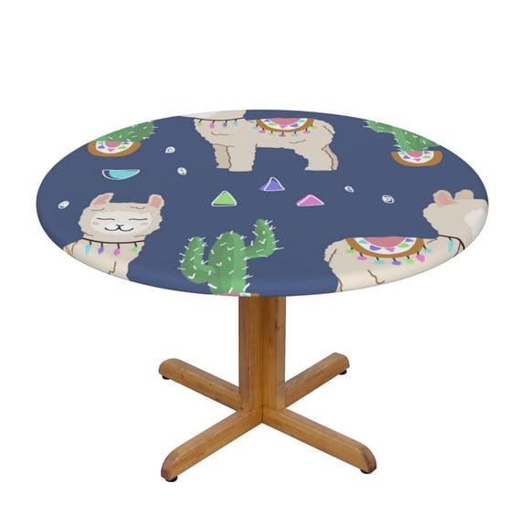 Cute Alpaca Cactus Peru Llama Round Fitted Tablecloth Elastic Edged Table Cloth Waterproof Table Cover 48in