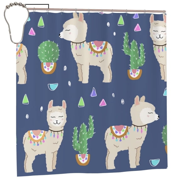 Cute Alpaca Cactus Peru Llama Shower Curtain with 12 Iron Hooks Washable Polyester Fabric Bathroom 72x72 Inch