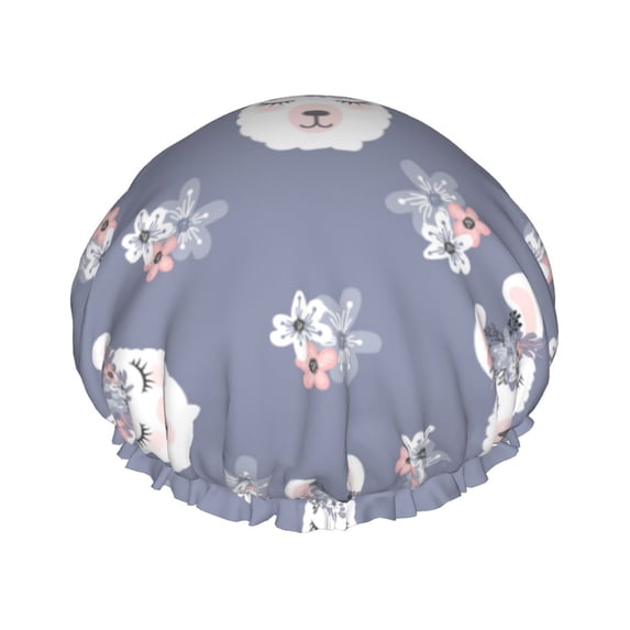 Cute Alpaca Face Flower Shower Cap, Reusable Bath Hair Hat for all Hair Lengths Hair Cover with Elastic Band Double Waterproof Layers Bathing Hat
