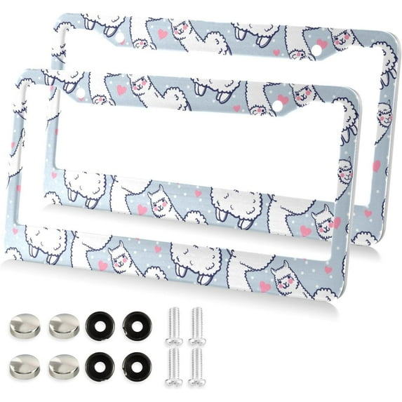 Cute Alpaca and Heart License Plate Frame - 2 Pack Universal Stainless Steel License Plate Holder with Screws & Chrome Caps, 2 Holes Car License Plate Cover for US Vehicles Decorative