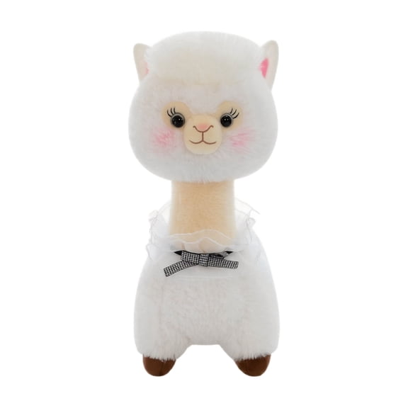 Cute Alpaca Plush Toy White Llama with Lace Collar and Bow Stuffed Animal Soft Cuddly Figure for Aesthetic Bedroom Living Room Decor Aesthetic Home Ornament White