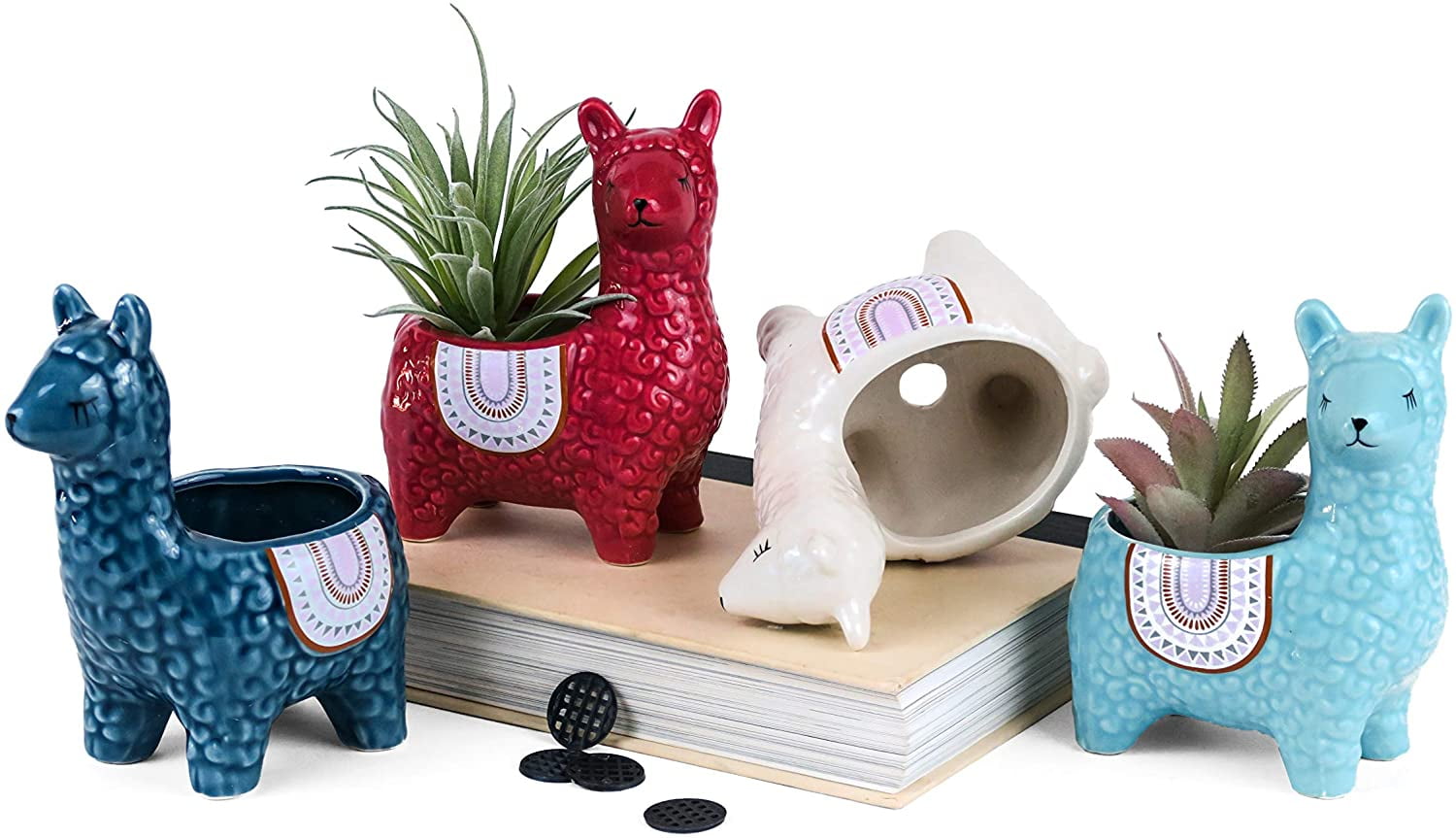 Cute Alpaca Succulent Pots, 4 Pc. Set, Decorative Ceramic Planters for Natural Indoor Gardens and Cacti, Colorful Office and Home Decor for Living Room, Kitchen, or Desk
