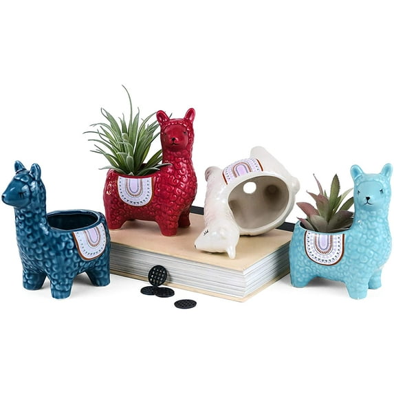 Cute Alpaca Succulent Pots, 4 Pc. Set, Decorative Ceramic Planters for Natural Indoor Gardens and Cacti, Colorful Office and Home Decor for Living Room, Kitchen, or Desk