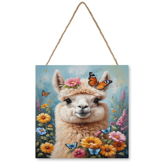 Cute Alpaca Themed Wooden Hanging Sign - Vintage Style Decorative Sign for Llama Lovers, Ideal for Living Room, Bedroom, and Farmhouse Decor, 12"x12"