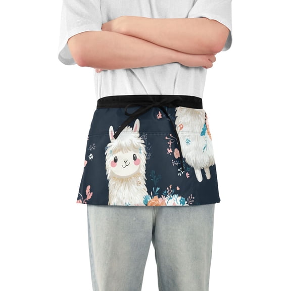 Cute Alpaca with Flowers on Back Short Server Apron with 3 Pockets for Unisex Chef Gardening
