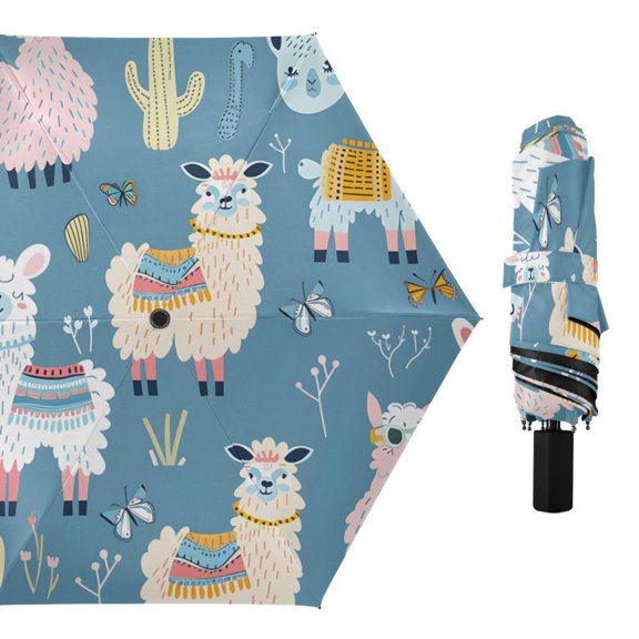 Cute Alpacas Leaves Cactus All Weather Umbrella Triple Folding Parasol 6 Ribs UV Protection Portable