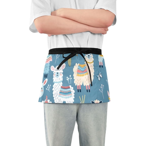 Cute Alpacas Leaves Cactus Short Server Apron with 3 Pockets for Unisex Chef Gardening