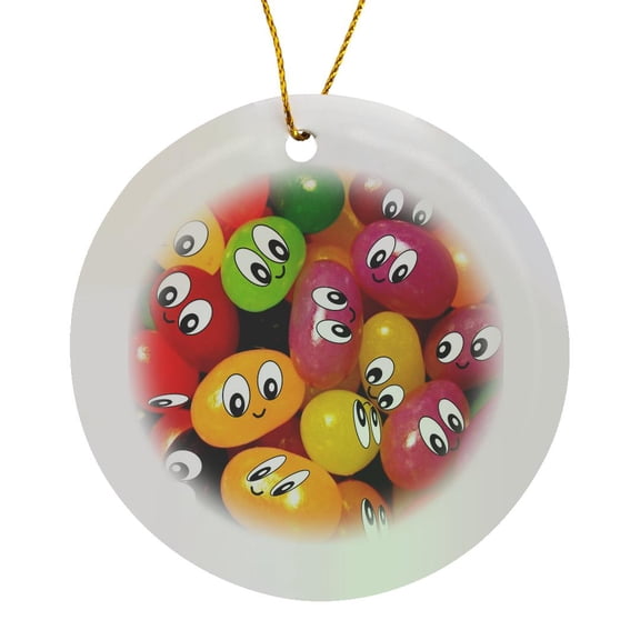3drose, Cute and Colorful Happy Jellybeans - Multicolor Smiling Face Sweets - Smiling Adorable Candy Foods, Circle Porcelain Ornament