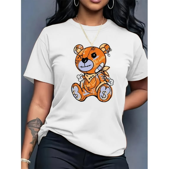 Cute And Playful Bear Print Casual Fashion Top for Black Women, Featuring a Round Neck And Short Sleeves.