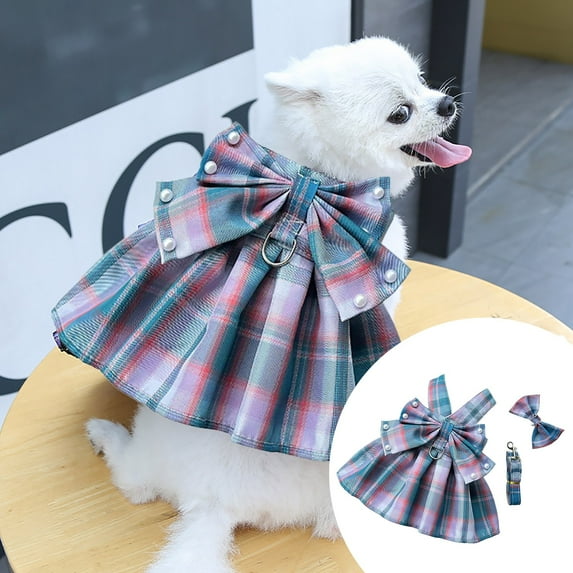 Cute And Stylish Plaid Print Dog Harness Dress With Bowknot Ideal For Small Suitable For Indoor Outdoor Activities