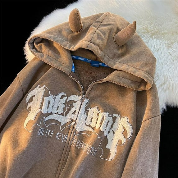 Cute Angel Ears Zipper Hoodies Women Retro Harajuku Letter Embroidery Oversize Jacket Autumn Thick Hooded Sweatshirt Y2k Clothes