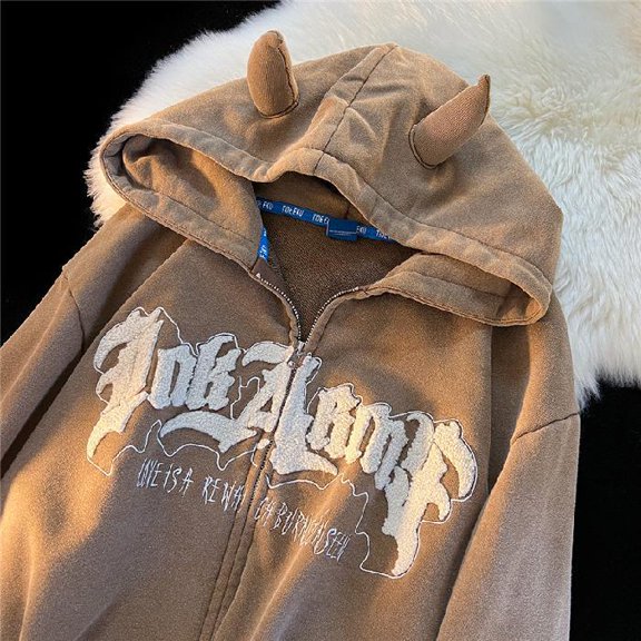Cute Angel Ears Zipper Hoodies Women Retro Harajuku Letter Embroidery Oversize Jacket Autumn Thick Hooded Sweatshirt Y2k Clothes