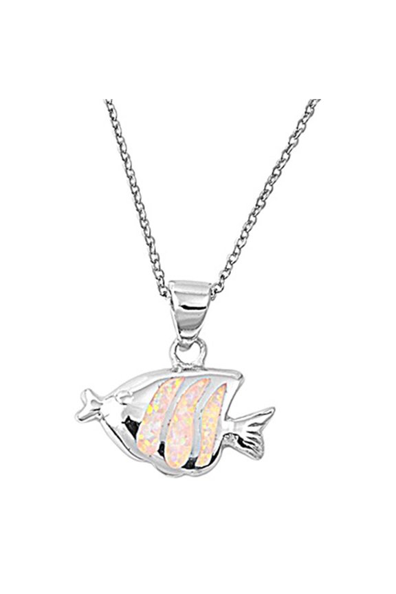 Cute Angel Fish Pendant White Simulated Opal .925 Sterling Silver Animal Charm Jewelry Female Unisex