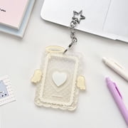 Cute Angel Wings Acrylic Photocard Holder with Star Keychain - 3 Inch Photo Display Case for Kpop, ID Card - Kawaii Polka Dot Lace Border Protector