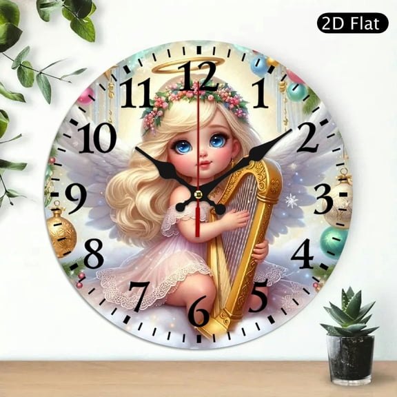 Cute Angelic Child Wall Clock, Circular Digital Illustration Decorative Timepiece, 10x10 Inch, 1pc, Battery Not Included