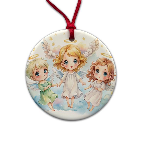 Cute Angels Watercolor Christmas Tree Holiday Round Ceramic Ornament