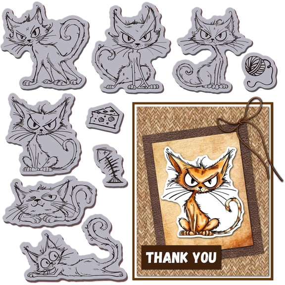 Cute Angry Cat Rubber Stamp Funny Sketch Cat EVA Cling Mount Stamps Fish Bone Yarn Rubber Stamp Set for Card Making Photo Album Decor Decoration DIY Scrapbooking