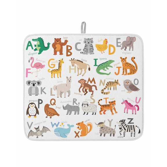 Cute Animal Alphabet Dish Drying Mats for Kitchen Counter,Absorbent Microfiber Dish Drainer Rack Mat Educational Letters Poster Drying Pad for Sinks,Utensils,Countertops,16x18in