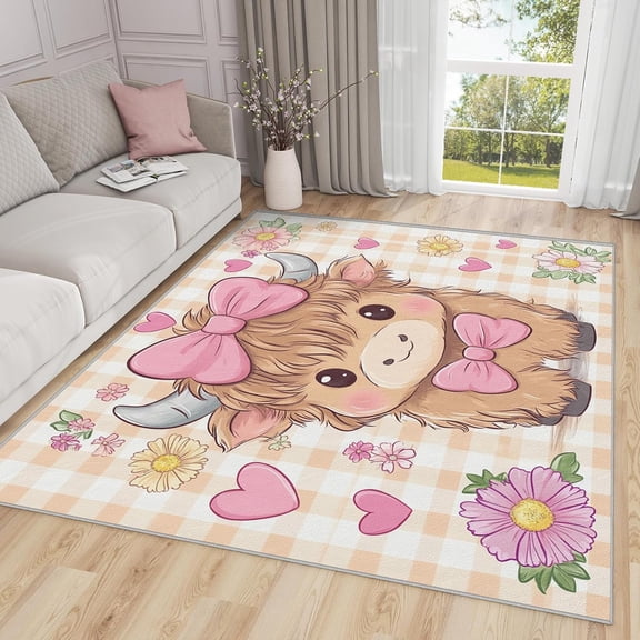 Cute Animal Area Rugs, Kawaii Calf Pastel Gingham Carpet, Washable Non Slip Low Pile Soft Rug for Living Room Bedroom Decor Mat 2x3ft
