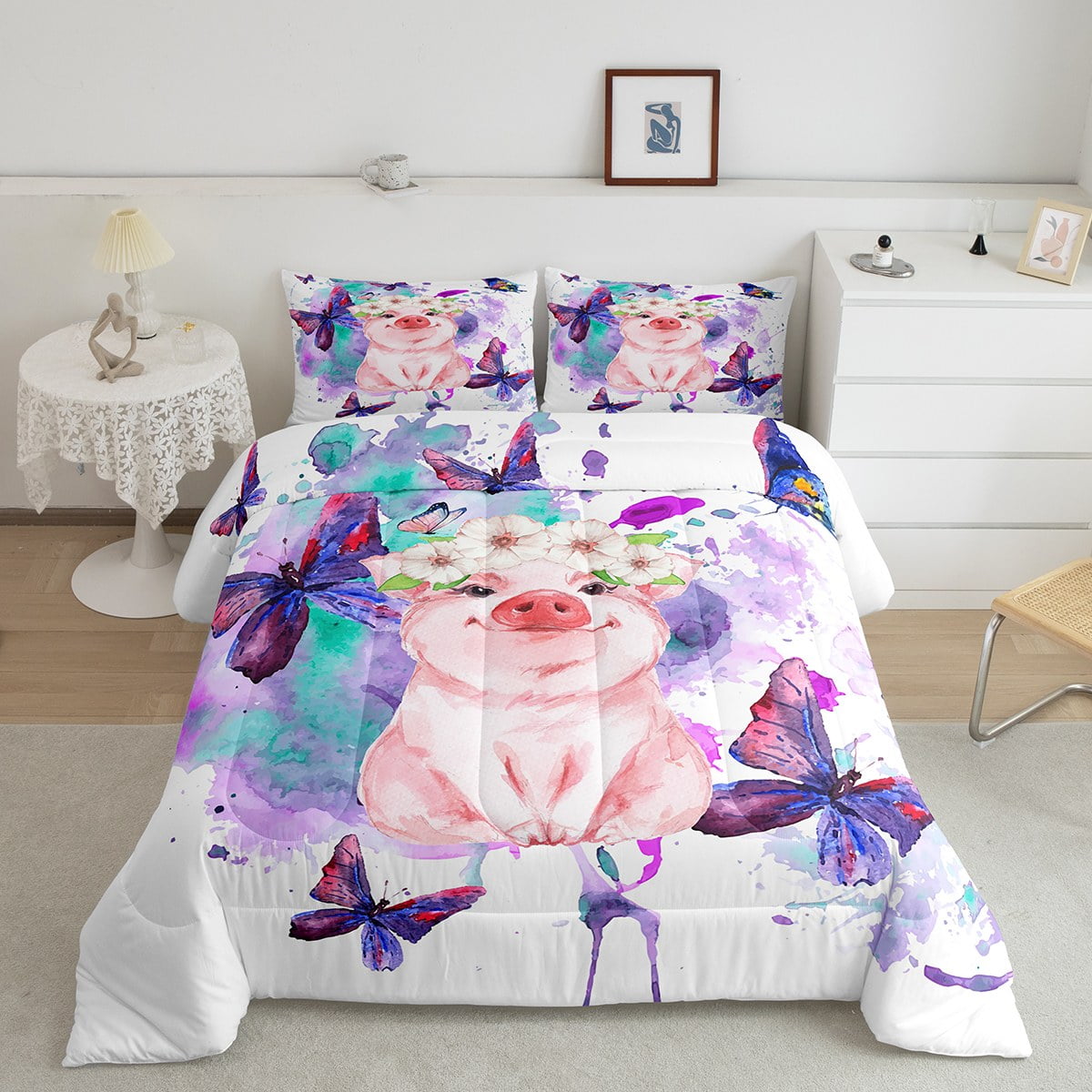 Cute Animal Bedding Twin Purple Butterfly Comforter Set, Kawaii Pig
