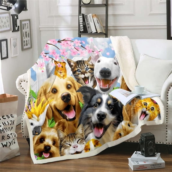 Cute Animal Blanket Throw Size,Dog Cat Throw Blanket for Girls Japanese Cherry Blossom Flannel Blanket Frog Guinea Pig Sherpa Blanket for Kids Boys Bed Decor,Microfiber Ultra Soft