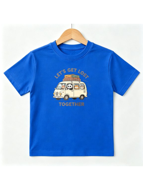 Cute Animal Camper Van Boys Graphic Tees Travel Adventure Kids T-Shirt 100% Cotton Short Sleeve Tops Ages 4-13Y