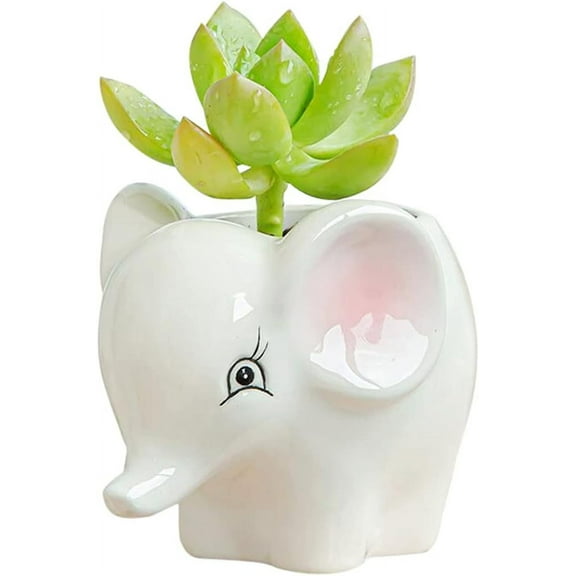 Cute Animal Ceramics Planter Small Succulent Pot Cartoon Shaped Plant Pot for Mini Plants Flower Cactus, Smooth Shiny Ceramic - Plants Not Included (Elephant)