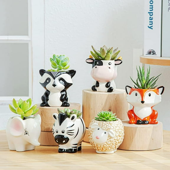 Cute Animal Ceramics Planter Small Succulent Pot Cartoon Shaped Plant Pot for Mini Plants Flower Cactus, Smooth Shiny Ceramic - Plants Not Included (Leopard cat)