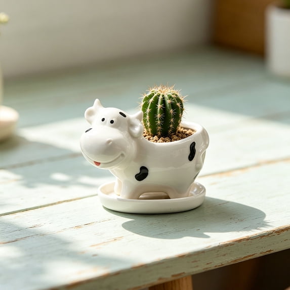 Cute Animal Ceramics Planter with Tray, Cow Shaped Ceramic Planter, Small Succulent Plant Pot, Decorative Flower Pot for Desk, Indoor Garden Cow Planter, Cartoon Shaped Plant Pot for Cactus,B
