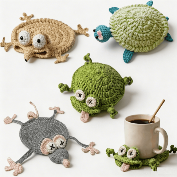 Cute Animal Crocheted Coasters, Handmade Yarn Woven Frog Mouse Turtle Heat Resistant Coasters, Fun Novelty Desk Mug Rugs for Home Decor and Tabletop Protection (4 Pcs)