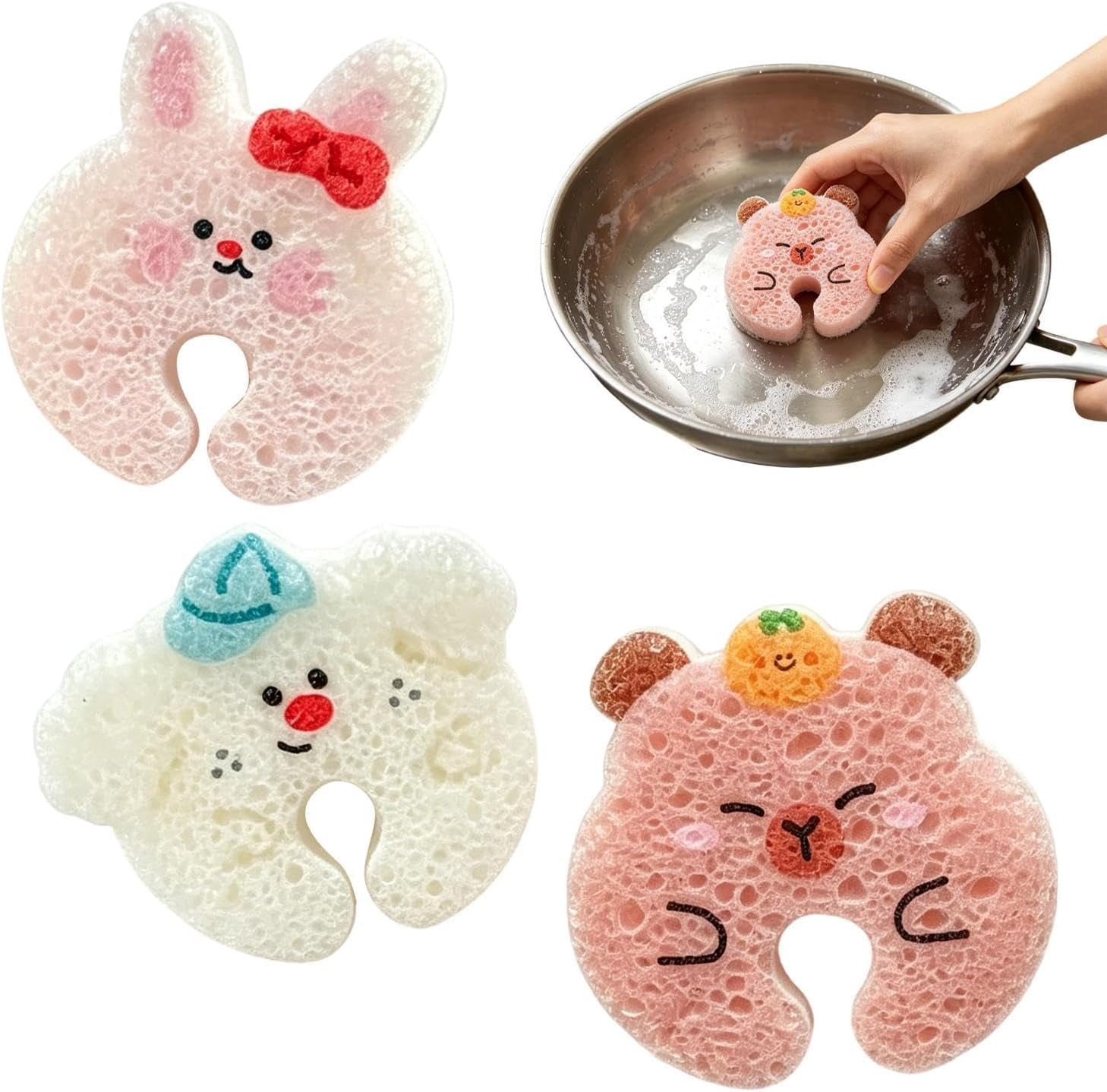 Cute Animal Dish Sponge 3 Pack - Hanging Sink Scrubber Set, Non-Scratch ...