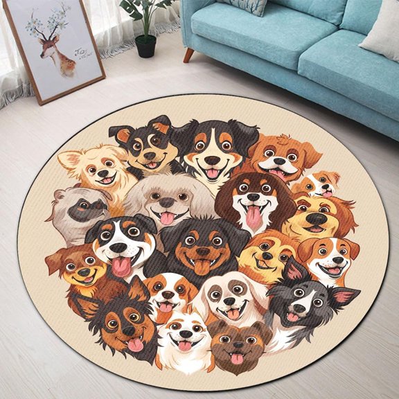 Cute Animal Dog Round Area Rug, playful pup pattern carpet for living room, bedroom or dining room, soft washable non-slip floor mat, fun family home office décor