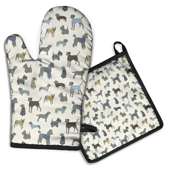 Cute Animal Dogs Kitchen Oven Mitt and Pot Holder Sets 2 Pcs for Baking, Cooking and Grilling, Heat Resistant Up To 392 °F