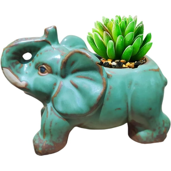 Cute Animal Elephant Shaped Ceramic Succulent Cactus Air Plant Flower Pots Planters-Plant Not Included (Pleasant Elephant)