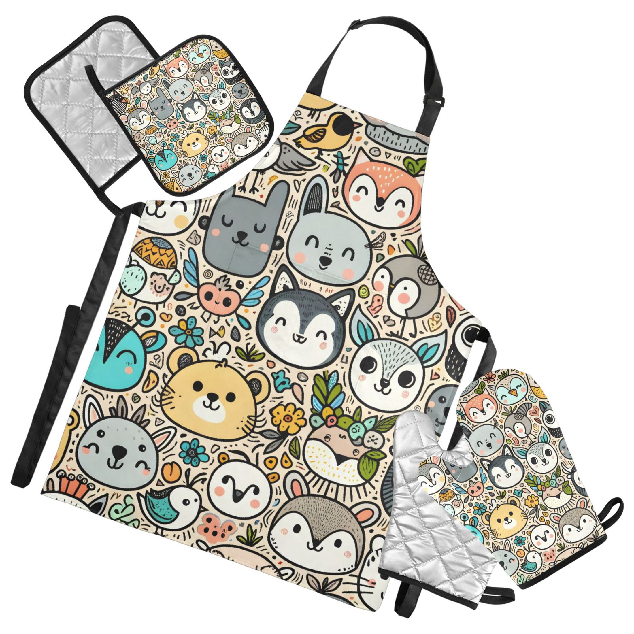 Cute Animal Faces 5 Pcs Kitchen Set Heat Resistant Oven Mitts and Non-Slip Pot Holders with Adjustable Cooking Apron