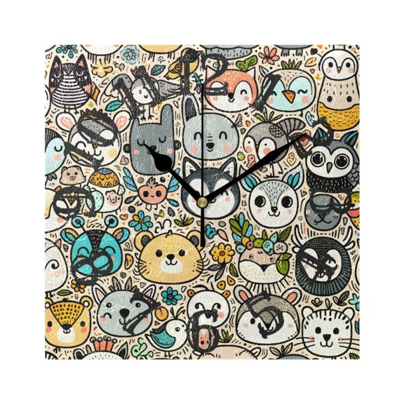 Cute Animal Faces Wall Clock Square Silent Non Ticking Battery Operated Clock for Home Bathroom Kitchen Bedroom Living Room