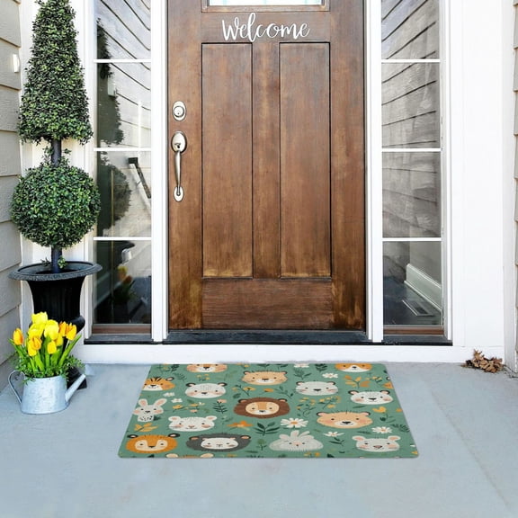 Cute Animal Faces in A Seamless Jungle Pattern Highly Absorbent Polyester Doormat Anti-slip Anti-fouling Indoor Outdoor Entrance Welcome Mat 32×20in.